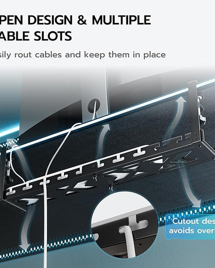 ARES WING 17"-28.7" Extendable Under Desk Cable Management Tray with Cable Slots, Clamp On Cord Organizer Holds Up to 11 lbs, Black Metal Under Desk Storage for Office and Gaming Accessories