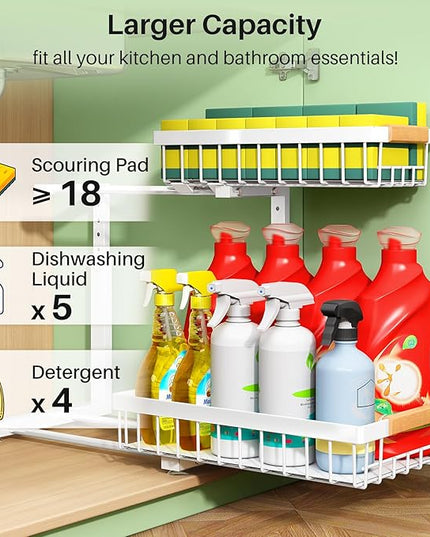 Kitstorack Under Sink Organizer, 2 Packs 2 Tier Under Sink Organizers and Storage, Slide out Pull out Cabinet Organizer Shelf, Metal Sliding Drawer for Kitchen Bathroom Pantry Closet Rack(White)