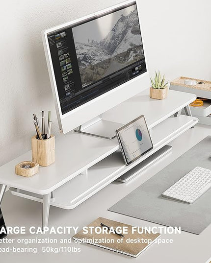 Fenge Dual Monitor Stand, Monitor Stands Riser for 2 monitors, 42.5 Inch Wood Desk Shelf with Storage Organizer and Cable Management for Office Desk Accessories