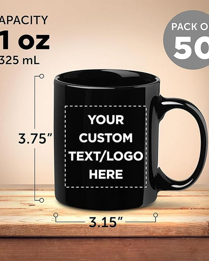 Custom Ceramic Coffee Mugs 11 oz. Set of 50, Personalized Bulk Pack - Coffee cup set, Iced coffee cup, Gaming mug - Black