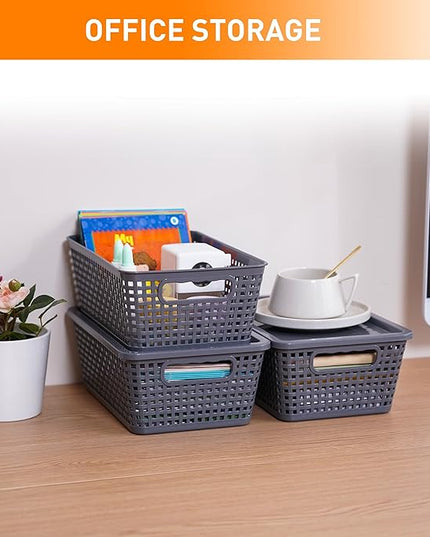 Plastic Storage Baskets With Lid, Storage Bins for Organizing, Stackable Decorative Containers for Shelves Drawers Desktop Closet Playroom Classroom Office, 8 Pack-Grey