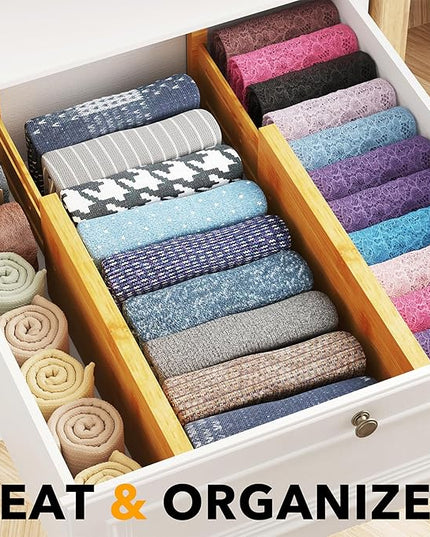 SpaceAid Bamboo 4 Pack Dresser Drawer Dividers, 4.65“ High Adjustable 12.5“-17” Drawer Organizers, Expandable Organization for Clothing, Clothes, Dressers, Natural