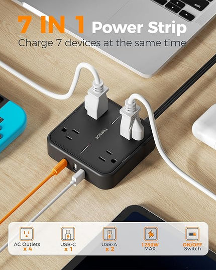 Surge Protector Flat Extension Cord 15FT, TESSAN Flat Plug Power Strip with 4 Outlets 3 USB C Ports (1 USB C), 900 Joules Protection, Multiple Wall Outlet Extender Suitable for Home Office Dorm, Black