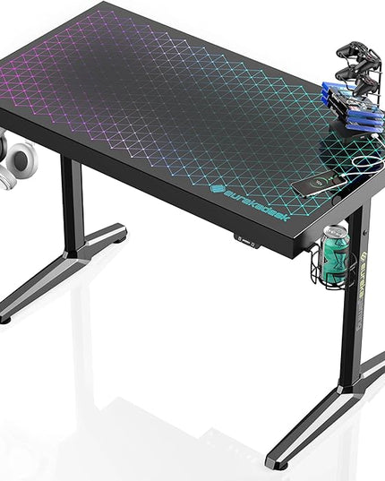 EUREKA ERGONOMIC RGB LED Gaming Desk, Music Sync Lights Up Tempered Glass Desktop, 43" GTG I43 Home Office Computer Table W Controller Rack 4 USB Charging Ports, APP Control