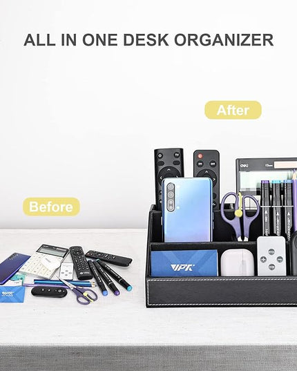 KINGFOM Pu Leather Desk Organizer with 5 Compartments Holder, Multi-Functional Office Supplies Storage Caddy for Pen/Pencil, Phones, Remote Controller and Desktop Accessorie Black