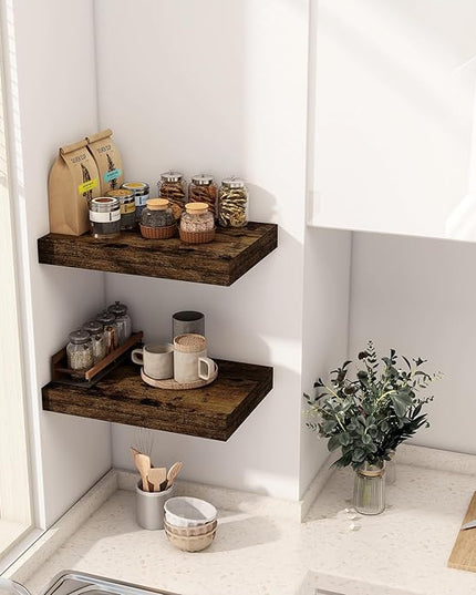 12 Inch Deep Floating Shelves, 16 x 12 Floating Shelf for Books, Rustic Wood Deep Wall Shelves for Home Storage & Display, 2" Thicked Shelves for Kitchen, Living Room, Bedroom, Rustic Brown, 2 Pack