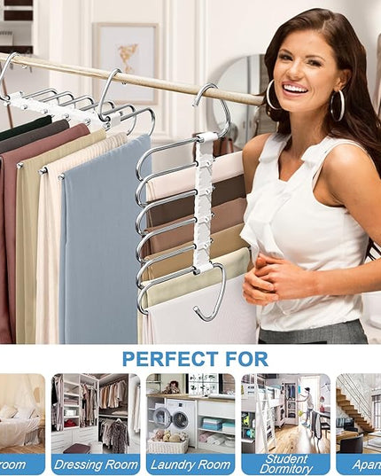 Upgrade 6 Layers Pants Hangers Space Saving, 2 Pack Non Slip Stainless Steel Multifunctional Pants Rack S-Type Pant Closet Hanger Organizer with Hooks for Pants Leggings Trousers, Antiquewhite