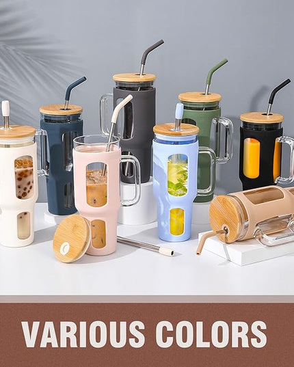 Glass Tumbler with Lid and Straw, 46 oz Iced Coffee Cup with Handle, Large Water Bottles with Silicone Sleeve, Glass Cup with Straws - Pearl Straw & Drinking Straw BPA Free-Amber