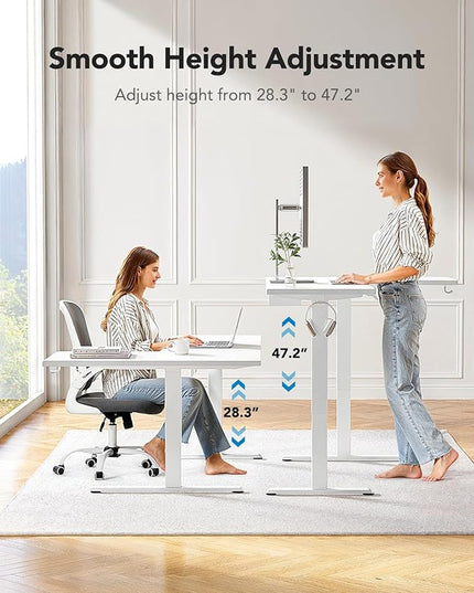 HUANUO 71 x 48 inch Dual Motor L Shaped Electric Standing Desk with 3 Preset Heights, Electric Height Adjustable Computer Table, 2 Hooks & Cable Tray, Raising Desk for Home Office, White