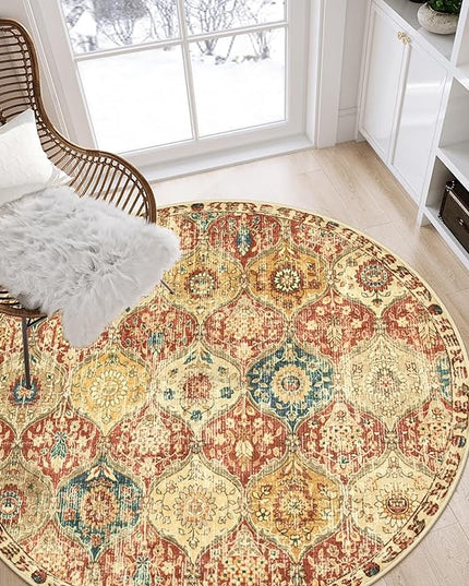 Lahome Moroccan Trellis Washable Round Area Rug, Soft Round Rugs 6ft Ultra-Thin Non-Slip, Vintage Large Circle Carpet for Bedroom Living Room Kitchen Nursery, Red/Orange