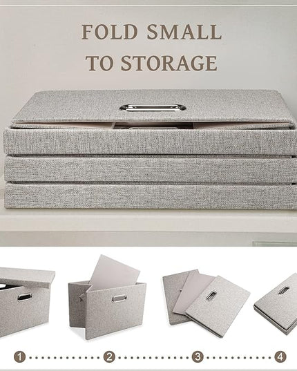 Medium 15" 21 Quart Collapsible Stackable Storage Bins with Lids, 1 Pack Beige Foldable Fabric Closet Storage Boxes with Lids, Heavy-duty Linen Baskets for Bedroom