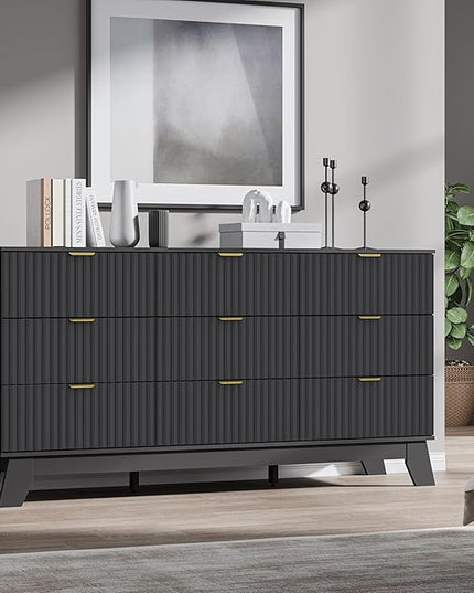 BORNOON Fluted 9 Drawer Dresser, 57.1" Wide Modern Boho Chest of Drawers, Wooden Storage Dresser TV Stand for Bedroom, Living Room, Closet, Hallway, Curved Profile Design