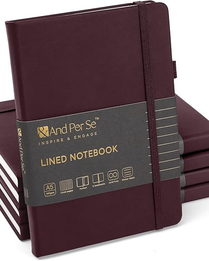 &And Per Se Lined Journal Notebook (5 Packs), 160 Pages, A5 5.7 x 8 inches College Ruled Thick Paper Notebook Journals for Writing, Hardcover Notebooks for Women Men Office School (Dark Red)