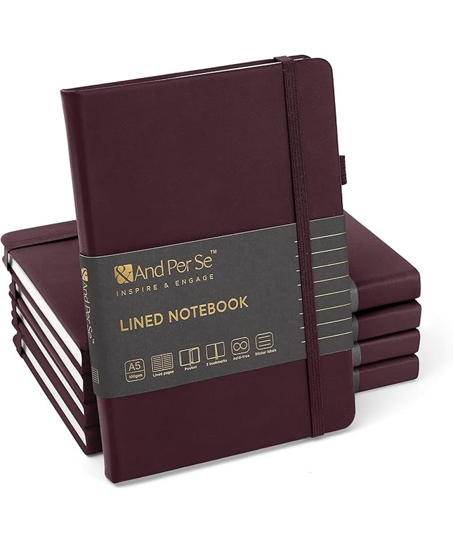 &And Per Se Lined Journal Notebook (5 Packs), 160 Pages, A5 5.7 x 8 inches College Ruled Thick Paper Notebook Journals for Writing, Hardcover Notebooks for Women Men Office School (Dark Red)