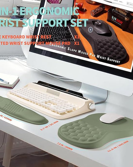 2-in-1 Ergonomic Set, Wave Rise Keyboard Wrist Rest and Massage Bulge Slope Mouse Pad Wrist Support, Cushion Memory Foam Integrated to Relieve Wrist Pain, Olive Green