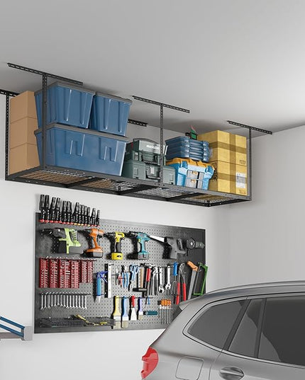 FLEXIMOUNTS 2x8 Garage Storage Rack, Adjustable Overhead Storage Organization System, Heavy Duty Metal Ceiling Rack, 400lbs Weight Capacity, Black, Classic Series