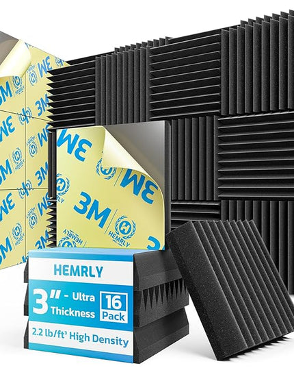 3" X 12" X 12" Sound Proof Foam Panels for Walls,Self-Adhesive Foam Acoustic Panels Sound Absorbing,2.2 lb/ft³ Density Soundproof Wall Panels for Gaming Studio Decor (16 Pack Black)
