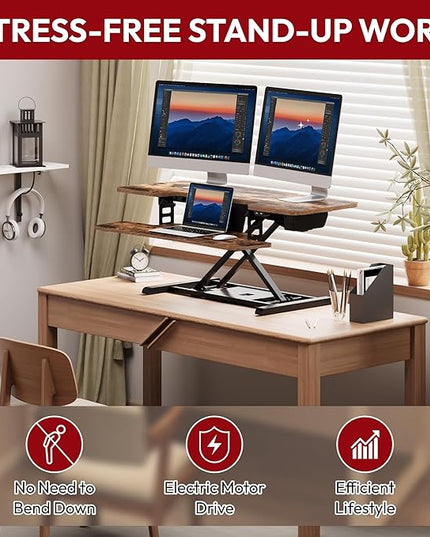 SANODESK Standing Desk Converter with Electric Motor 42" Height Adjustable Riser for Office Home,Dual Monitor and Laptop Workstation with Large Keyboard Tray, Rustic Color