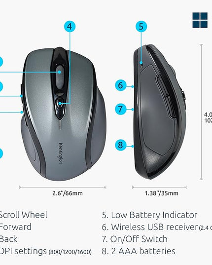 Kensington Pro Fit Mid-Size Wireless Mouse, Graphite Gray (K72423AM)