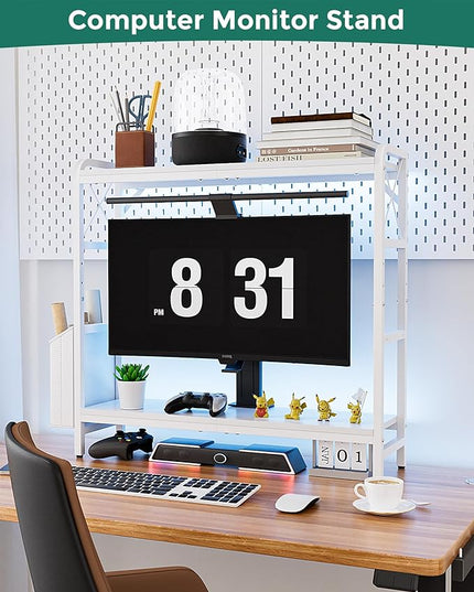 VERSASKY Desktop Shelves, Monitor Stand with Adjustable Shelves and Side Pockets, 2-Tier Desktop Bookshelf Organizer, Large Capacity Display Shelf Rack, Desk Hutch for Home Office, Study Room, White