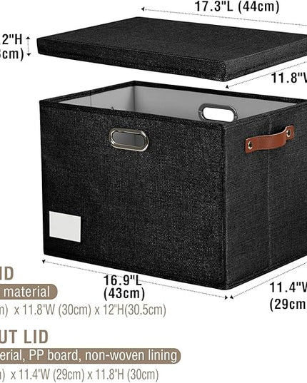 17" Large Collapsible Storage Bins with Lids, Stackable Closet Organizers with PU Handle and Labels, 3-Pack Decorative Fabric Storage Boxes for Home, Bedroom, Closet, Office, Nursery(Black)