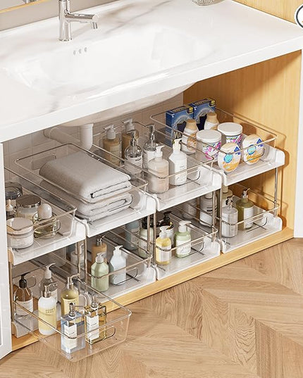 Vtopmart 4 Pack Bathroom Organizer, 2 Tier White Under Sink Organizers Vanity Countertop Storage Container,Cabinet Drawers Bins, Pull-Out Organization with Track for Pantry, Kitchen