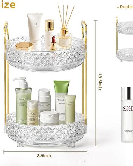 360 Rotating Makeup Organizer for Vanity, 2Tier Adjustable Perfume Organizer for Dresser, Multi-Function Spinning Cosmetics Skincare Storage for Bedroom, Dresser, Countertop, Clear