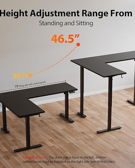 Agilestic L-Shaped Standing Desk Adjustable Height, Electric Corner Standing Desk, Sit Stand Up Desk, 75x61 inch Sit Stand Computer Table, Black