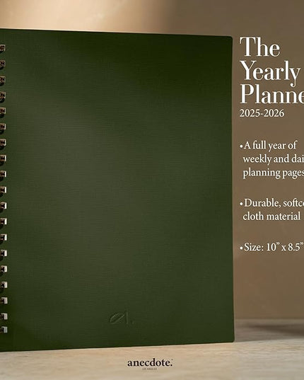 Anecdote 2026 Planner (8.5" x 10") Daily Planner Weekly Monthly Planner - 52 Weeks w/Library Buckram Cover, Brass Spiral - A4 Size Bleed-Resistant Paper – Evergreen