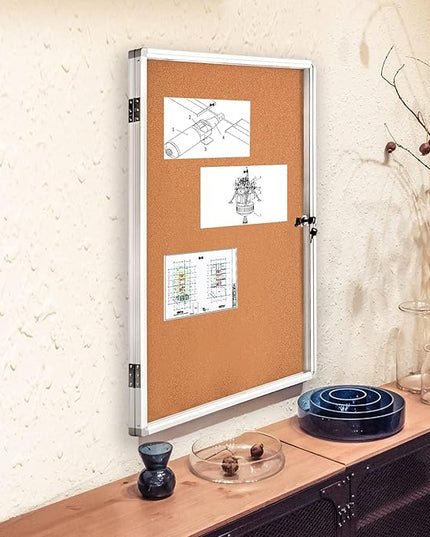 BIBOC EnclosedCork Bulletin Board 36x24 inch Lockable Cork Noticeboard Display Cases Tamperproof Notice Poster Memo Board with Class 1 Aluminum Frame (Cork, 24×36 inches)