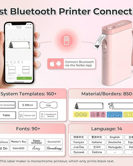 Nelko Label Maker Machine with Tape, P21 Bluetooth Label Printer, Wireless Mini Label Makers with Multiple Templates for School Office Home, Pink