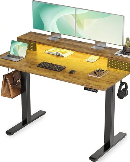 Claiks Electric Standing Desk with Shelf, 48 Inch Height Adjustable Standing Desk with LED Lights & Monitor Stand, Black Frame/Rustic Brown Top