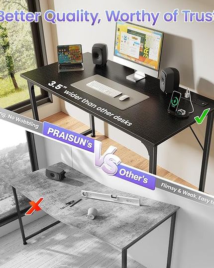 PRAISUN 40 X 20 Inch Computer Desk with Power Outlets and USB-C Port, Gaming Office Desk with Deeper Desktop, Writing Work Desk for Home Office, Study, Bedroom, Work from Home Desk, Metal Frame, Black
