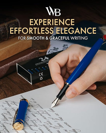 Wordsworth & Black Fountain Pen Set, 18K Gilded Fine Nib, Includes 24 Pack Ink Cartridges, Ink Refill Converter & Gift Box, Gold Finish, Calligraphy, [Imperial Blue], Perfect for Men & Women