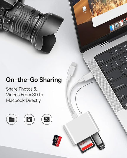 SD Card Reader for iPhone iPad Lightening USB-C Dual Connector Memory Card Adapter with Dual Slots & USB Port Trail Camera Viewer for Mac MacBook Pro/Air/Mini Android Laptop