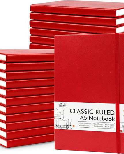 24 Pack Journal Notebook for Work, Feela Business Notebook Bulk Hardcover Lined Writing Journal with Pen Holder for Men Women Note Taking, with 24 Black Pens, 120 GSM, 5.1”x8.3”, A5, Red