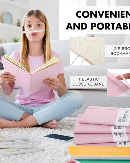 Aodaer 30 Set Lined Notebook Journals with Pens A5 Notebooks 100 GSM College Ruled Hardcover Notebook PU Leather Notepad with Pen Holder for Office School, 5.7 x 8.3 Inches, Pink