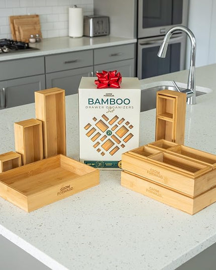 Grow Forward Bamboo Drawer Organizer Boxes - Set of 21 Wooden Drawer Organizers for Kitchen, Bathroom, Office, Desk, Vanity, Makeup - Non-Slip Junk Drawer Organizer Trays for Storage and Organization