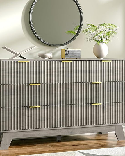 HUANLEGO Fluted Dresser for Bedroom with 7 Drawer, Mid Century Modern Chest of Drawers, 48" Wide Natural Wood Dresser for Closet, Wooden Boho Chest Closet Storage TV Stand for Bedroom, Grey