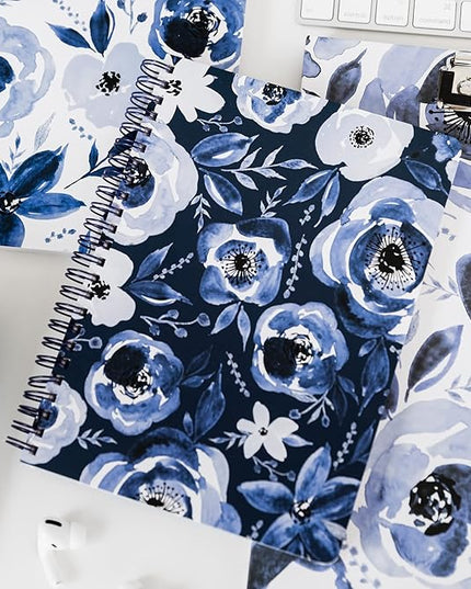 Steel Mill & Co Cute Floral Mini Spiral Notebook, 8.25" x 6.25" Journal with Durable Hardcover and 160 Lined Pages, Blue Watercolor