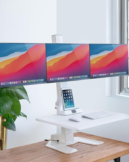 Mount-It! Triple Monitor Electric Standing Desk Converter - 3 Monitor Standing Desk is Height Adjustable, Sit-Stand Converting Desk for Home, Office Monitor Mounts Fits Screens up to 32" White