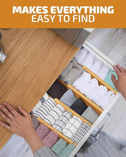 4 Pack Drawer Divider - 2.6" High, 16" to 22" Adjustable Bamboo Drawer Organizers for Clothes, Expandable Dresser Separators in Bedroom/Bathroom/Kitchen/Office Organization and Storage (Natural)