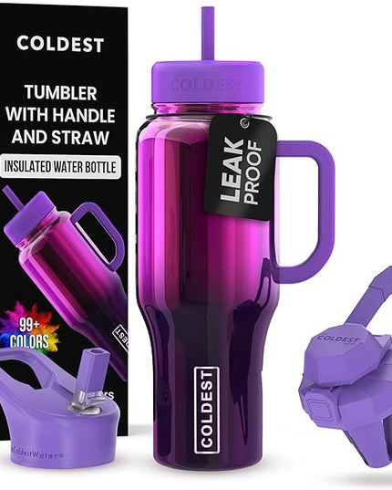 Coldest Tumbler with Handle and Straw - 100% Spill Proof Tumbler with Straw (3 Lids) - Stainless Steel Insulated Leakproof Tumblers for Women & Men - Cup Holder Friendly - 36 oz (Purple Nova)