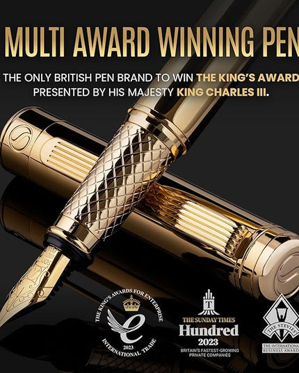 Scriveiner Personalized Gold Fountain Pen - Stunning Luxury Pen, Real Gold Plating, Schmidt Ink Refill, Best Engraved Fountain Pen Gift Set for Men & Women, Custom Name Engraving