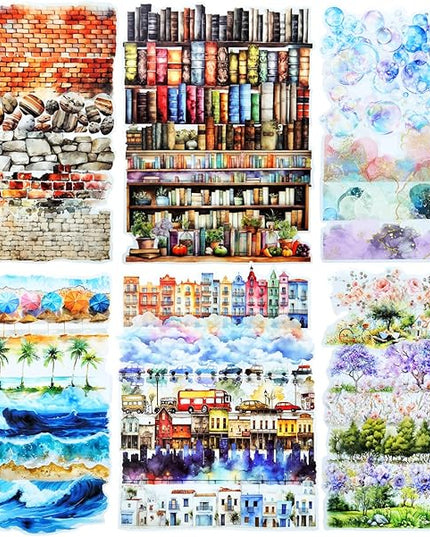AuriicLeaf PET Scrapbook Stickers Set, 120PCS Journaling Supplies with 6 Themes Book Wall Ocean City Tree Bubble Decorative Stickers for DIY Crafts and Planners
