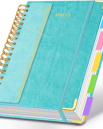 Hardcover Spiral Notebook 6.2"x 8.2" Journal Notebook with Tabs and Removable Dividers 300 Pages 5 Subject Notebook College Ruled, Faux Leather Spiral Bound Notebook for Women School Work (Blue)