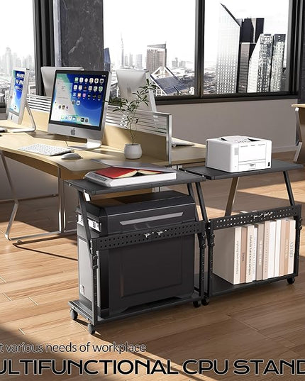 24In Large PC Stand, 5 Levels Height Adjustable Computer Tower Stand with Wheels and Hooks, CPU Holder Cart for Floor, Carpet and Under Desk, Easy Assembly（NOT Including Power Strips）