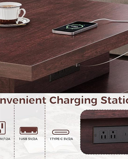 IRONCK Coffee Table with LED Light and Charging Station, 4 Storage Drawers with Grille Design, Square Coffee Table for Living Room Office Reception Room (Walnut)