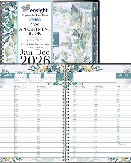 Ensight 2026 Appointment Book and Planner 6.5" x 8.5" Large Hourly Weekly Daily Schedule Book with Tabs, 30 Minute Time Slots, Floral Calendar Organizer Jan 2026–Dec 2026 Appointment Planner - Floral