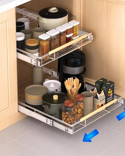 KIKIBRO Pull Out Drawer Cabinet Organizer, Expandable Slide Out Storage Shelves - Heavy Duty, Durable and Smooth Slide-Out, 16.3"~26.3" Wide x 17.3" Deep, 1 Pack